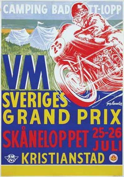 The Swedish motorcycle Grand Prix 1959 Skåneloppet Kristianstad original poster designed by Leander, (Gus) Gustav Egron (1909-1980)