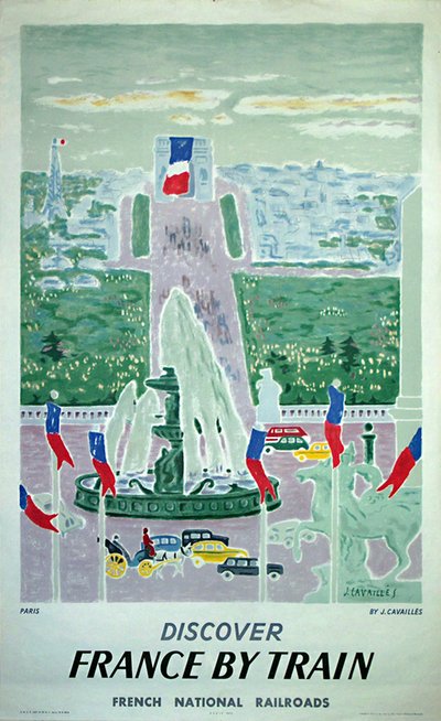 Discover France by Train.  Paris - Place de la Concorde original poster designed by CAVAILLÈS,J. ERIC, F. DESNOYER 