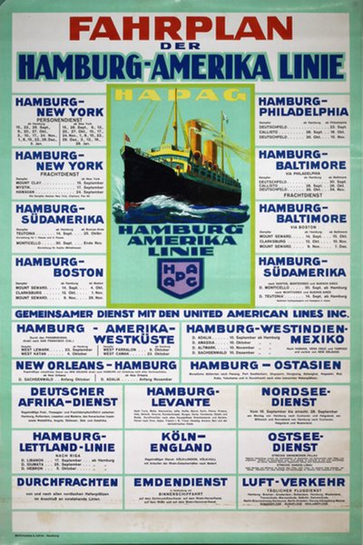 Fahrplan Hamburg-Amerika Linie HAPAG original poster 