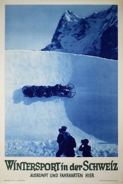 Wintersport in der Schweiz - Bobsleigh original poster designed by Photo: Sport & General, London