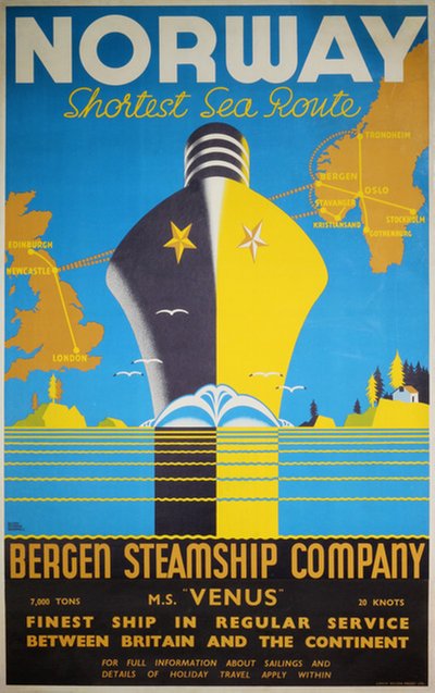 Norway by Bergen Steamship Company original poster designed by Rodmell, Harry Hudson (1896-1984)