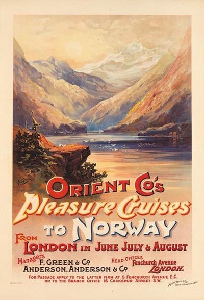 Orient Co's Pleasure Cruises to Norway. Circa 1898. original poster designed by Fred Simpson