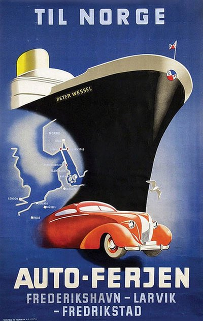 Til Norge Auto-Ferjen original poster designed by Damsleth, Harald (1906-1971)