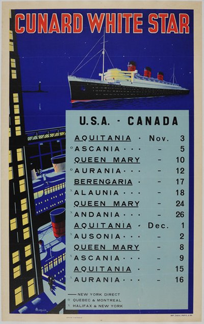 Cunard White Star - USA - Canada original poster designed by Roquin A.
