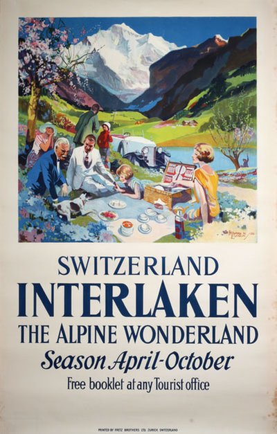 Switzerland Interlaken The Alpine Wonderland original poster designed by Elcock, Howard Keppie (1886 -1952)