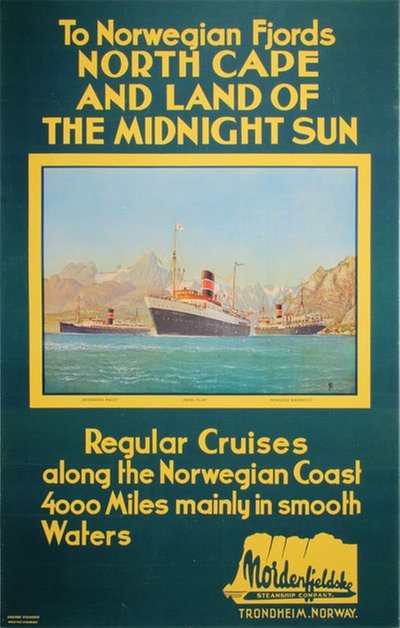 To Norwegian Fjords North Cape and land of the Midnight sun - Nordenfjeldske Dampskibsselskab original poster 