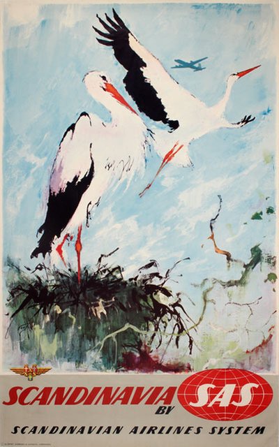 by SAS - Scandinavia - White storks original poster designed by Nielsen, Otto (1916-2000)