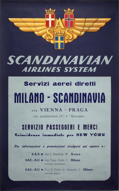 Scandinavian Airlines System - Milano - Scandinavia original poster designed by Svensson, Olle (Olof Enar) (1911-1992)