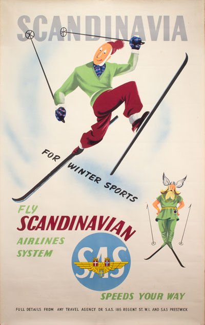 Scandinavia for winter sports - SAS Scandinavian Airlines System original poster designed by Varney