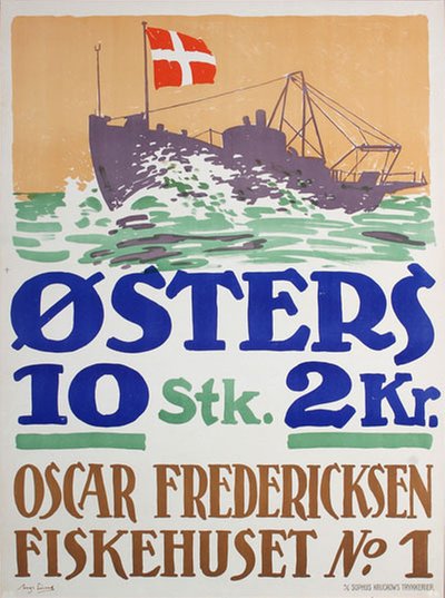 Oysters Østers Oscar Fredericksen Fiskehuset No 1  original poster designed by Lund, Aage (1892-1972)