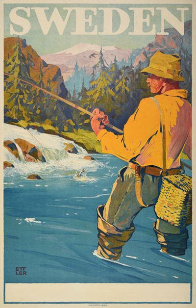 Sweden River Fishing original poster designed by Ettler, Max (1879-1952)