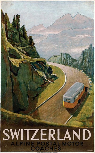 Switzerland Alpine Postal Motor Coaches original poster designed by Surbek, Victor (1885-1975)