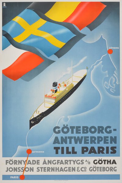Göteborg - Antwerpen - Steam Ship Belgia	  original poster designed by Olsén, Hans Erik (1911-1983)