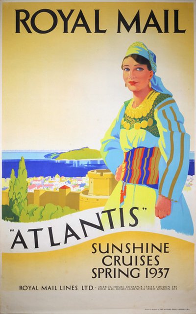 Royal Mail Atlantis Sunshine Cruises Summer 1937 Mediterranean Sea original poster designed by Padden, Percy (1885-1965)