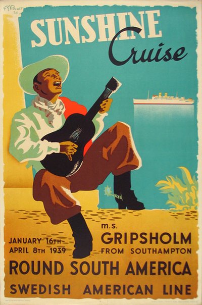 Swedish American Line Sunshine Cruise round South America original poster designed by Bratt, Ernst Gustav (1912-1987)