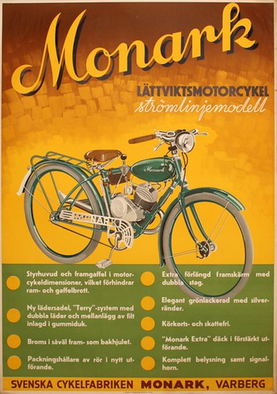 Monark lättviktsmotorcykel strömlinjemodell original poster 