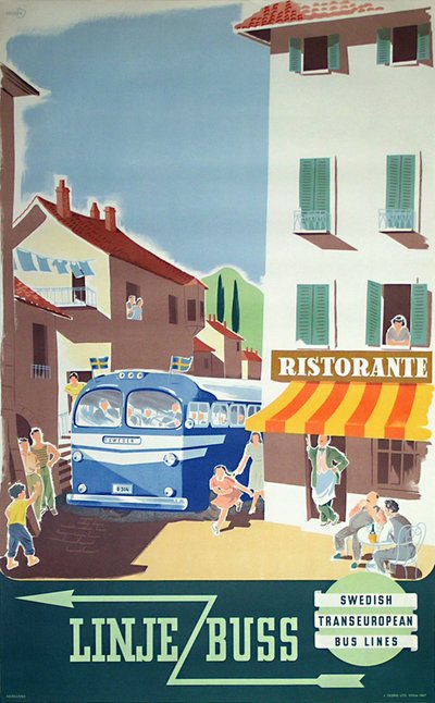 Linjebuss original poster designed by Marianne Dombret  (born: Heijkenskjöld)