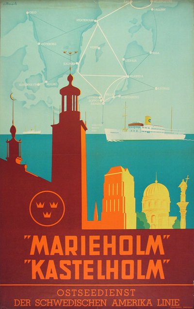 Swedish Amerika Linie Marieholm Kastelholm original poster designed by Rittmark, Åke (1910-1987)