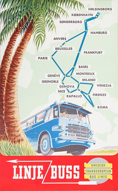 Linjebuss - Swedish Transeuropean Bus Lines original poster designed by Herssons