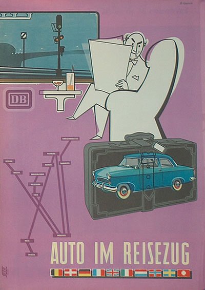 DB - Auto im reisezug 1959 original poster designed by M. Vanecia