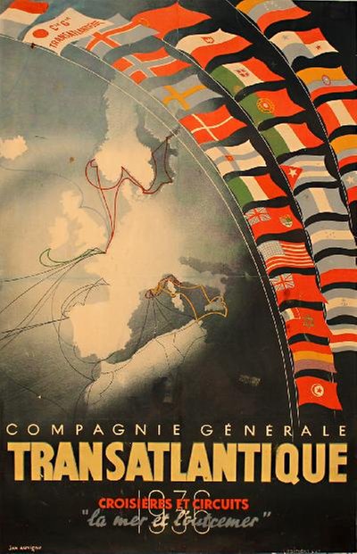 Compagnie Générale Transatlantique 1936 original poster designed by Auvigne, Jan (1859-1952)