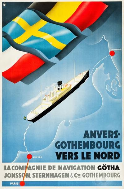 Göteborg - Antwerpen  - Steam Ship Belgia original poster designed by Olsén, Hans Erik (1911-1983)