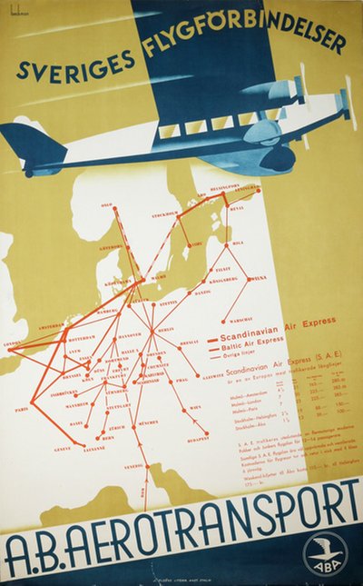 Aerotransport ABA Sveriges Flygförbindelser original poster designed by Beckman, Anders (1907-1967)