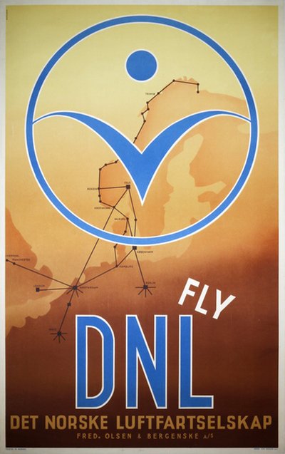DNL - Fly DNL - Det Norske Luftfartselskap original poster designed by Berggren, Johannes (Johs.) (1903-1965)