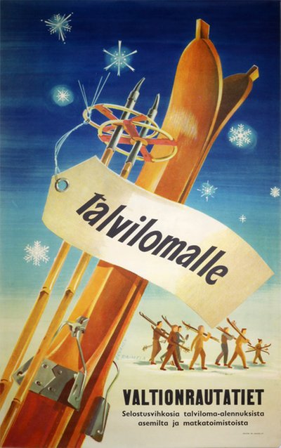 Finland - Talvilomalle Valtionrautatiet  original poster designed by Osmo K. Oksanen (1921-1999) & Raimo Raimela (1916–2001)