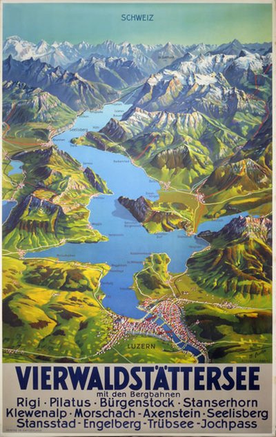 Vierwaldstättersee mit den Bergbahnen original poster designed by Max Bieder