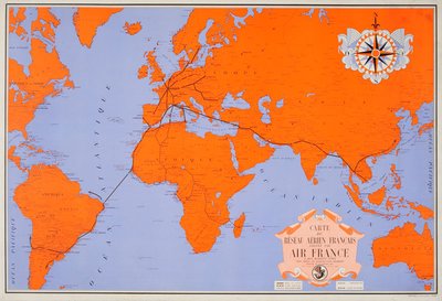 Air France - World Map 1937 original poster designed by Collinet 