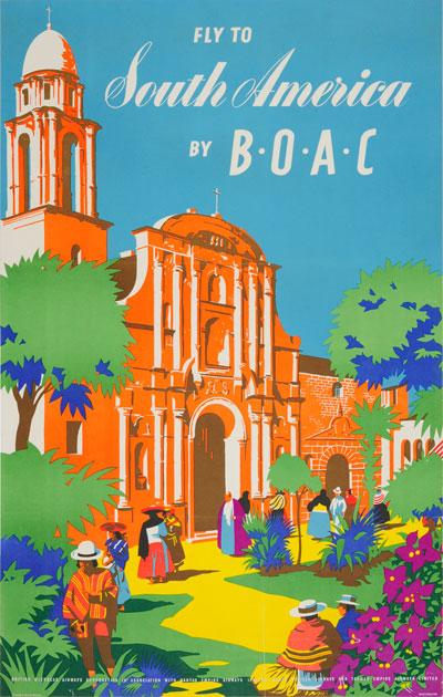 to South America via New York Postcard Sized Printed on Glossy Photo Paper. Fly B.O.A.C 1960s Period Travel Poster