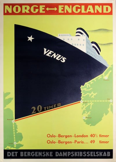 Norge-England - Bergenske Dampskibsselskab original poster designed by Alfsen, Finn (1904-1995)