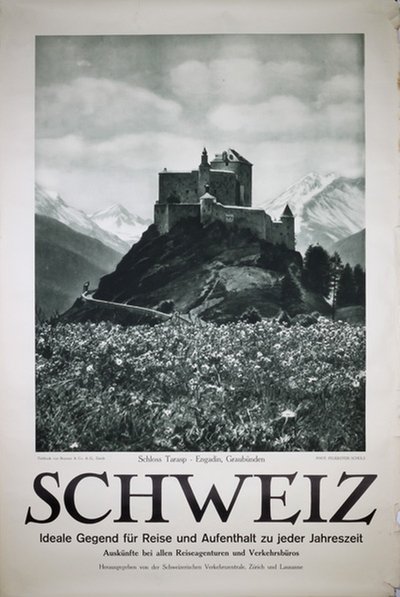 Schweiz Schloss Tarasp Engadin original poster designed by Photo: Johann Feuerstein (1871-1946) Feuerstein Schuls