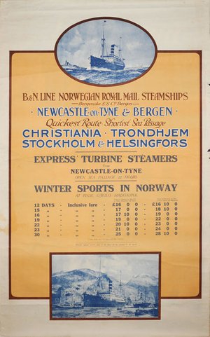 Newcastle-Bergen-Norwegian-Royal-Mail-Steamships-vintage-original-poster