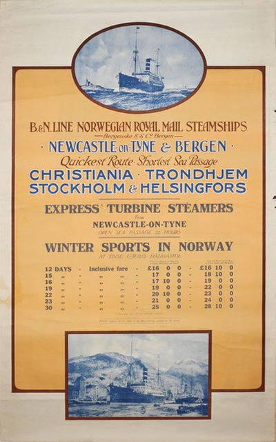 B&N Line Norwegian Royal Mail Steamship original poster 