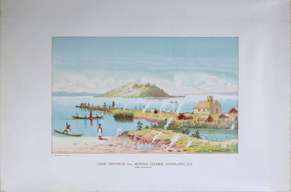 Lake Rotorua Mokoia Island, Auckland, New Zealand. original poster designed by Ryan, Thomas (1864-1927)