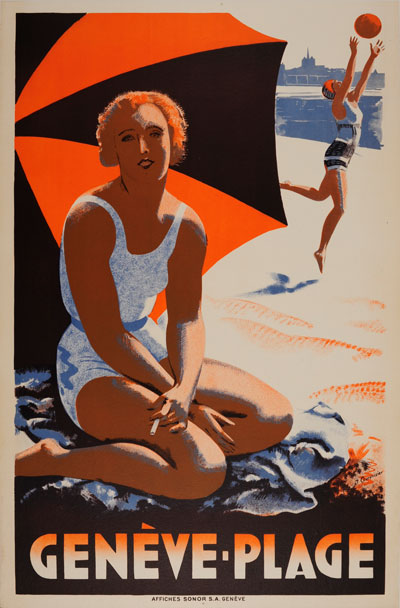 ヴィンテージ　アンティーク　ポスター　ベルギー Original authentic vintage poster - Title: 'Geneve Plage' designed