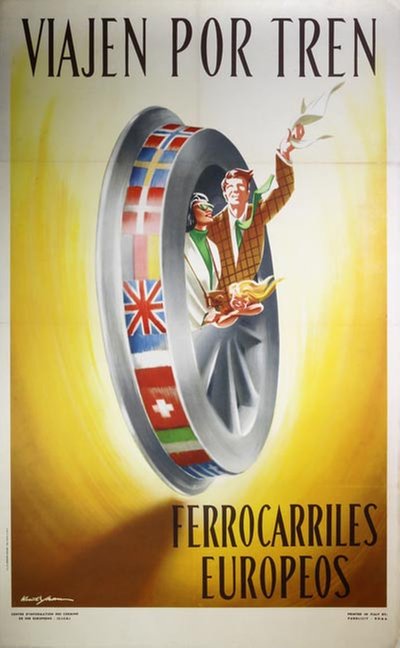 Viajen por Tren Ferrocarriles Europeos original poster designed by Yran, Knut (1920-1998)