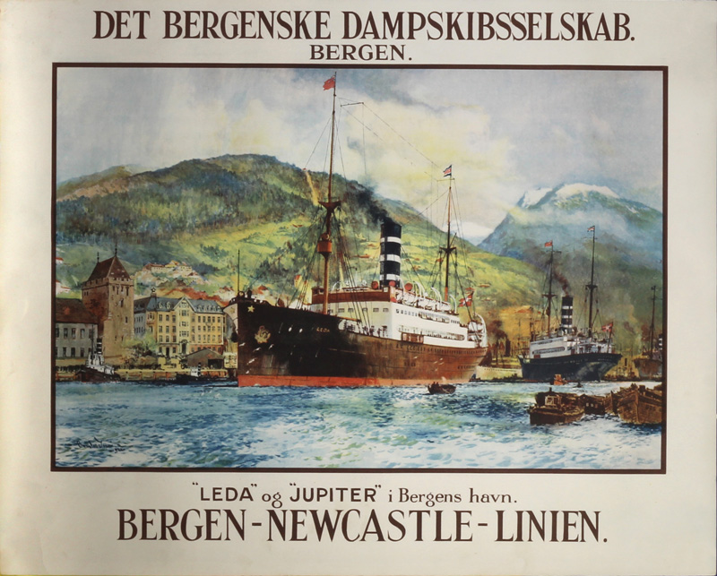 Det Bergenske Dampskibsselskab - Bergen - Newcastle - Linien original poster designed by Dixon, Charles Edward (1872-1934)