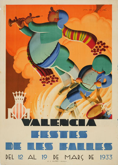 Vintage Art Deco Poster Las Fallas Valencia Spanish Festival 1930s Fireworks