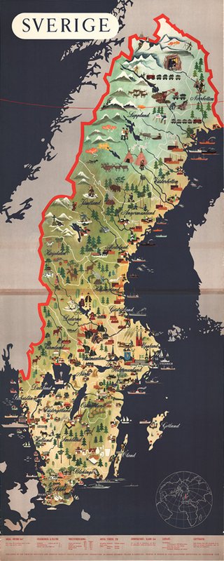 Sverige Map original poster designed by Laurelius, Olle (1918-1975)