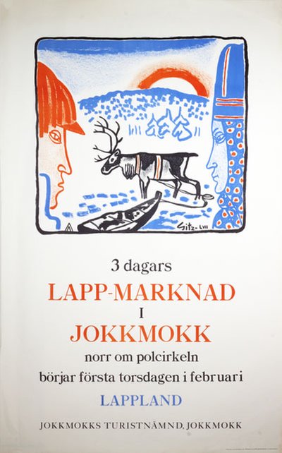 Lapp Marknad Jokkmokk Lappland original poster designed by  Gitz-Johansen, Aage (1897-1972)