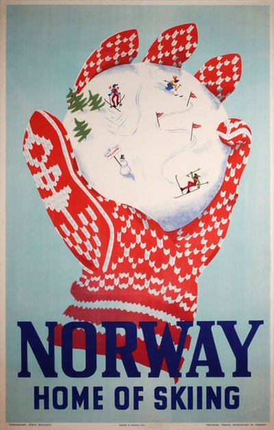 Norway home of skiing original poster designed by Sørensen, Inger Skjensvold (1922-2006)