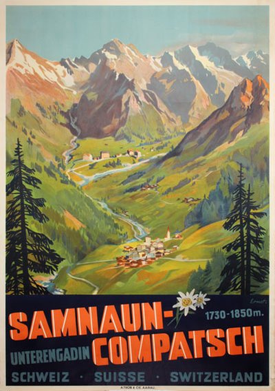 Samnaun-Compatsch Unterengadin Schweiz Suisse Switzerland original poster designed by Ernst Otto 