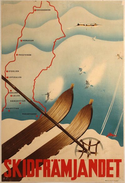 Skidfjamjande Swedish ski poster original poster designed by Jansson