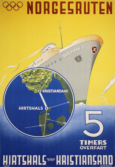 Norgesruten Hirtshals Kristiansand 5 timer original poster designed by Wattne Reklameservice