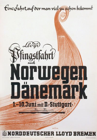Norddeutscher Lloyd Bremen Pfingstfahrt nach Norwegen Dänemark original poster designed by  Kück, Fritz (1893-1974)