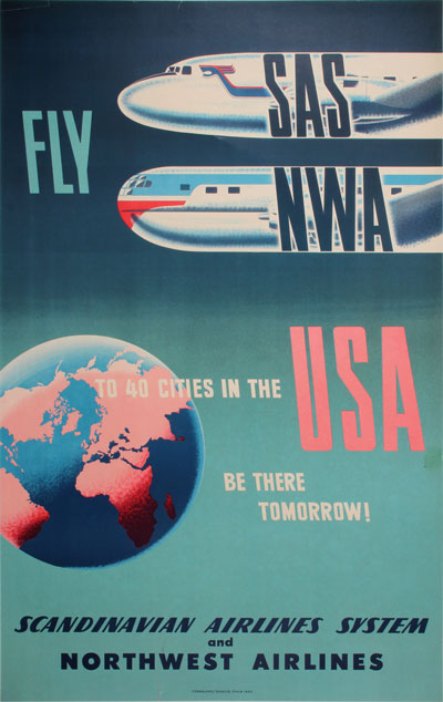 Original authentic vintage poster - Title: 'Fly SAS NWA to USA
