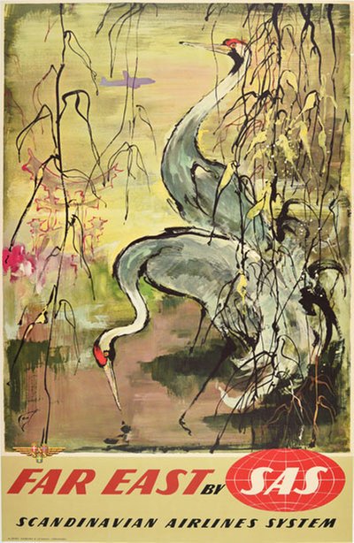 Far East by SAS -  Red-crowned Cranes original poster designed by Nielsen, Otto (1916-2000)
